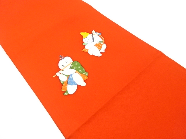 塩瀬　手描き　御所人形模様　開き名古屋帯（額縁仕立て）